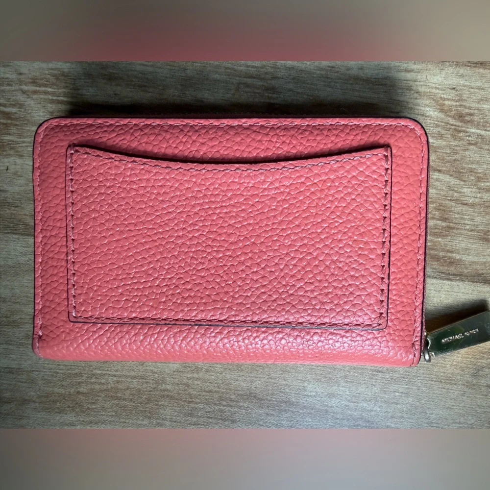 Michael Kors Jet Set Coral Pink Pebbled Leather Zip Around Wallet